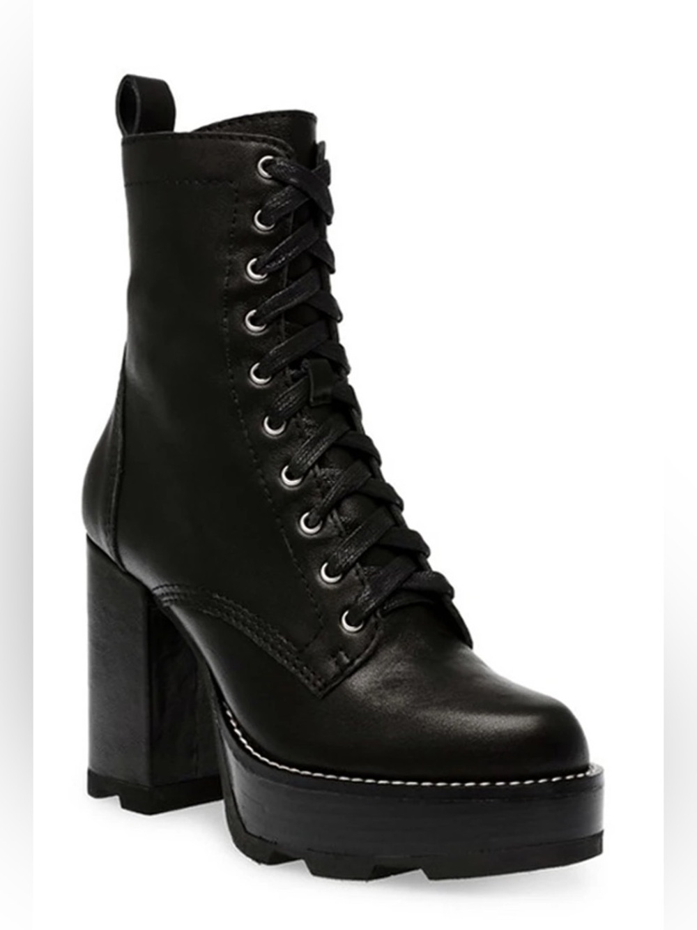 NWOT! Steve Madden Backlash Black Leather Lace Up Heeled Combat Boots Size 8